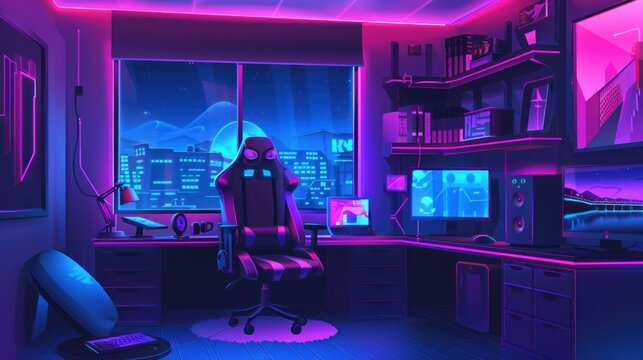 Neon Lit Gaming Room with City View