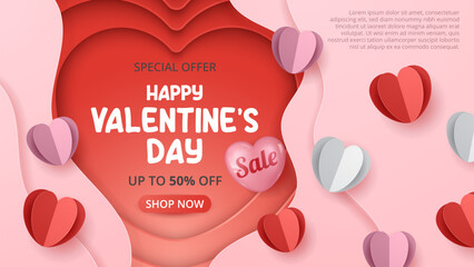 Wall Mural - happy valentine's day sale template with paper cut heart elements. vector background