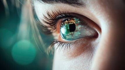Poster - Intriguing Close Up of Human Eye Featuring Green Circuit Board Design in Pupil Symbolizing Technology and Visionary Concepts