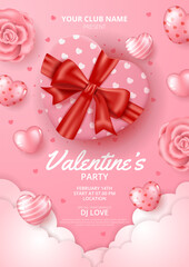 Wall Mural - happy valentine's day party poster template with heart gift, flowers, heart element and paper cut cl