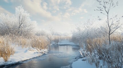 A peaceful winter scene with a small creek, its edges frosted and surrounded by snow-laden branches.