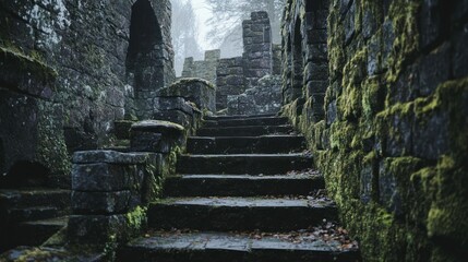 Wall Mural - Ancient stone steps winding through mossy, weathered ruins in a misty forest.