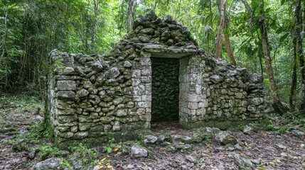 Wall Mural - Ancient stone structure nestled within a lush tropical forest.