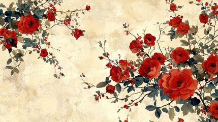 Wall Mural - Red roses and branches on textured background, vintage style art.