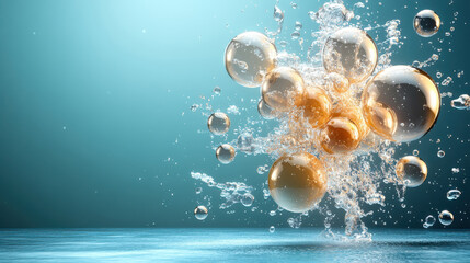 Poster - Floating bubbles create mesmerizing scene in gradient blue underwater setting, evoking sense of tranquility and wonder