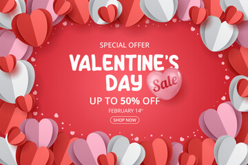Wall Mural - valentine's day sale template with paper cut heart elements. vector illustration