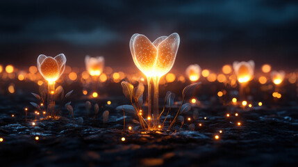 Poster - Bioluminescent underwater plants glowing in dark environment create magical atmosphere. These luminous flowers illuminate surroundings with their enchanting light