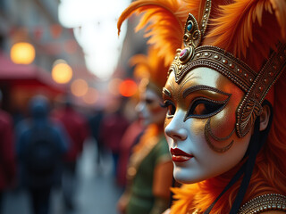 Poster - A Gold Carnival Mask Adorned With Feathers And Placed Against A Vibrant And Colorful Background Of A Lively Festival Scene. 00002