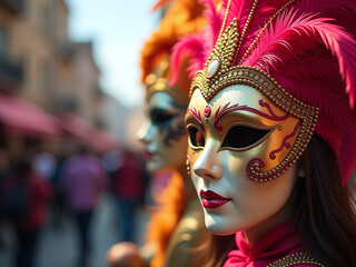 Poster - A Gold Carnival Mask Adorned With Feathers And Placed Against A Vibrant And Colorful Background Of A Lively Festival Scene. 00001