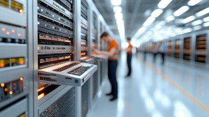 Poster - A focused man walking through a spacious server room filled with numerous high-tech data servers creating a modern atmosphere