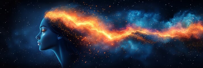 Wall Mural - cosmic woman, particles flowing from hair, starry sky. concept of creativity, imagination