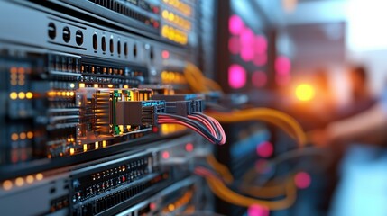 Poster - Detailed Close Up of a Server with Intricate Wires Showcasing Technology Connectivity and Modern Digital Infrastructure