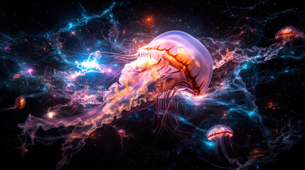 Poster - Majestic jellyfish drifting through sea of iridescent colors, creating mesmerizing cosmic scene filled with vibrant hues and ethereal beauty