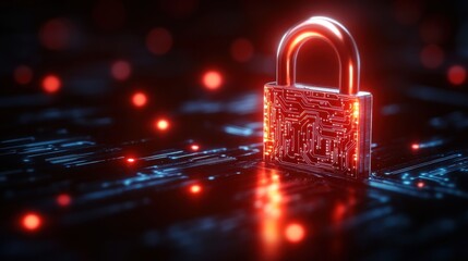 Poster - A Glowing Red Light Illuminates a Secure Padlock Resting on a Complex Circuit Board Representing Technology and Safety