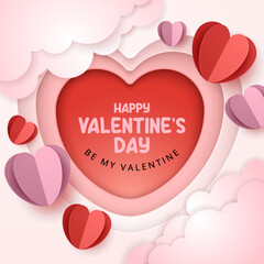 Wall Mural - happy valentine's day background with paper cut heart elements and paper cut clouds