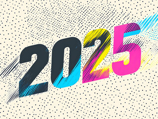 Number 2025 pink, yellow, blue, dotted background