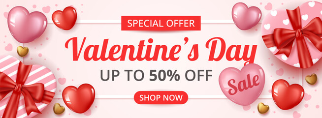 Wall Mural - valentine's day sale banner template with heart gift and heart elements. vector illustration