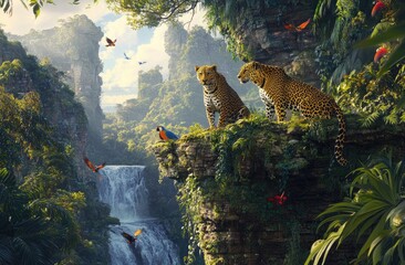 Poster - scene of leopards, jaguars, and parrots in the jungle