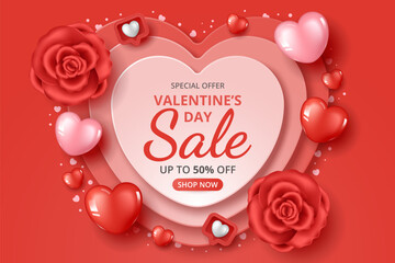 Wall Mural - valentine's day sale banner template with flowers, heart elements and paper cut heart shape. vector 