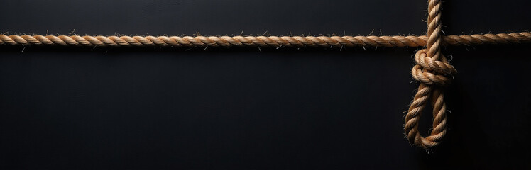 Aufkleber - A Frayed Rope Hangs Precariously Against A Textured Black Paper Background With Ample Copy Space Available For Creative Purposes. 00002