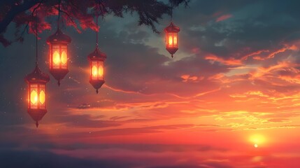 Wall Mural - Glowing Ramadan lanterns under a stunning sunset background, peaceful evening atmosphere, extra space is provided for text