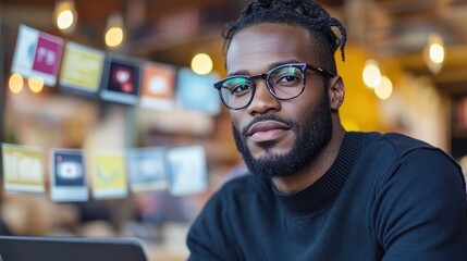 Poster - Focused Man with Glasses and Beard Engaged in Work on Laptop in a Cozy Indoor Environment with Soft Natural Lighting