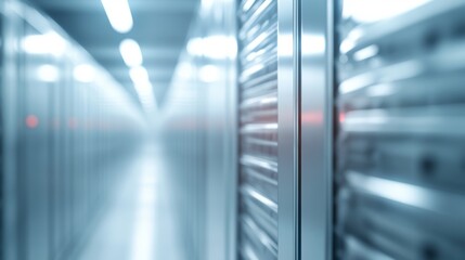 Poster - Long Hallway Filled with Rows of Servers Illuminated by Soft Lighting Creating a High-Tech and Organized Environment