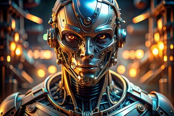 Poster - High-Detail Robot Close-up: Futuristic Metallic Android with Deep Depth of Field