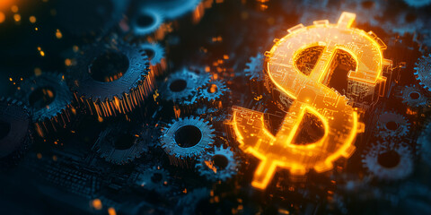 Poster - A glowing orange dollar symbol surrounded by dark mechanical gears, symbolizing financial technology, automation, and digital innovation in economics