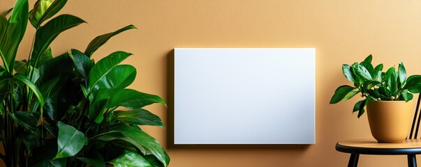 Wall Mural - A minimalist interior featuring a white wall panel beside lush green plants, set against a warm orange backdrop.