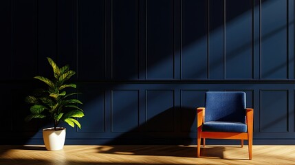 Poster - A cozy, modern space featuring a blue chair, a plant, and a dark paneled wall, illuminated by soft, natural light.