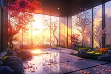 Wall Mural - Tranquil Zen garden sunrise room interior design