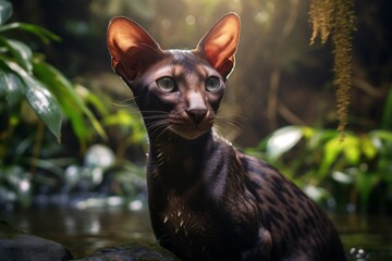 Wall Mural - Portrait of a smiling oriental shorthair cat isolated in tranquil forest stream