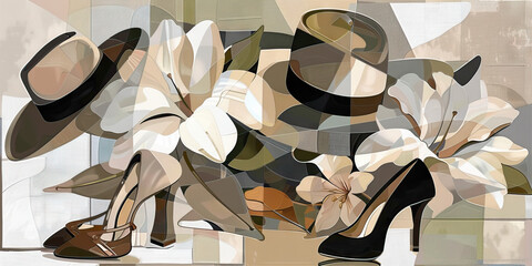 Poster - Abstract Composition with Hats, Shoes, and Flowers