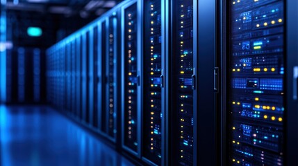 Poster - Row of High-Tech Servers in Modern Server Room Providing Essential Data Storage and Processing for Digital Infrastructure