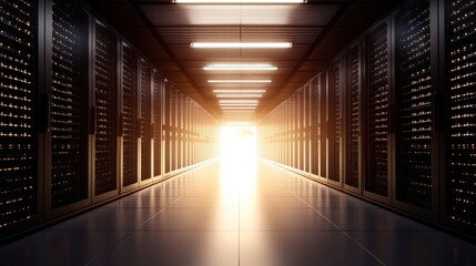Poster - Expansive Data Center Corridor Featuring Rows of High Tech Servers Illuminated by Soft Cool Lighting Creating a Futuristic Atmosphere