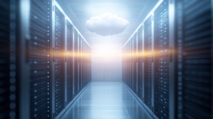 Poster - High Tech Server Room with Advanced Server Surrounded by Soft White Cloud Creating a Futuristic and Innovative Environment