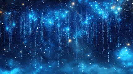 digital code falling like stardust in a night sky, abstract background for technology or space theme