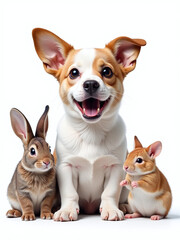 Aufkleber - A Digital Art Portrait Generated By Ai Features A Surprised Dog, Cat, Rabbit, And Mouse Isolated Against A Plain White Background. 00001