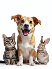 Aufkleber - A Digital Art Portrait Generated By Ai Features A Surprised Dog, Cat, Rabbit, And Mouse Isolated Against A Plain White Background. 00002