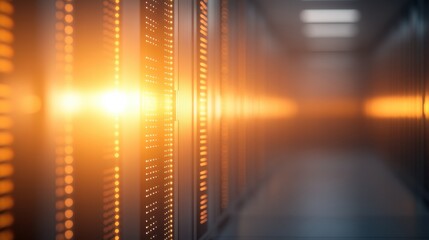 Poster - Expansive Technology Hallway Featuring Rows of High-Tech Servers Illuminated by Soft Ambient Lighting Creating a Modern Atmosphere