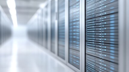 Poster - Rows of Servers in a Modern Data Center with Bright LED Lights and Cool Color Palette Creating a High-Tech Atmosphere