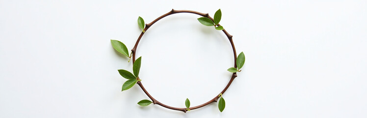 Poster - A Delicate Wreath Made From A Spring Branch Is Placed In A Circular Frame On A White Background. 00003