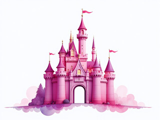 Poster - A Delicate Watercolor Image Of A Pink Castle Stands Isolated Against A Clean White Background, Evoking A Sense Of Enchantment. 00002