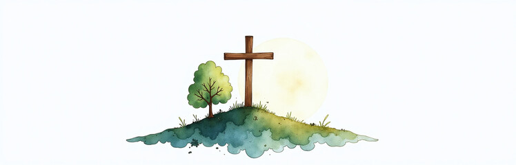 Poster - A Delicate Watercolor Illustration Of Earth And Cross Is Isolated Against A Clean White Background In A Minimalist Style. 00003
