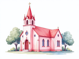 Aufkleber - A Delicate Watercolor Design Featuring A Pink Catholic Church Set Against A Clean White Background For A Wedding Theme. 00001