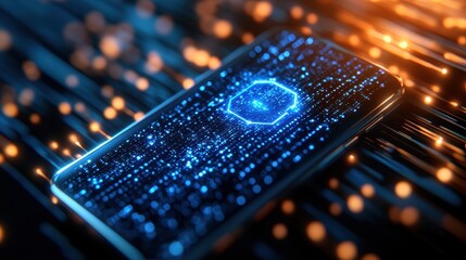 Poster - Smartphone Displaying Bright Glowing Blue Arrow Signifying Direction in Modern Digital Technology Environment Interior
