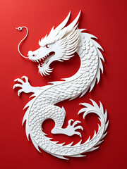 Aufkleber - A Delicate Paper Cut Art Featuring A Majestic White Dragon Set Against A Bold Red Background Stands Out In Contrast. 00003