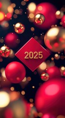 Wall Mural - Festive 2025 New Year s Eve Background Red and Gold Orbs Glittering Celebration