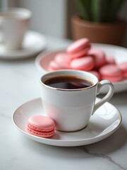 Poster - A Delicate Cup Of Coffee Sits Beside A Plate Of Pink Macaroons On A Blurred Background With Selective Focus Applied. 00003